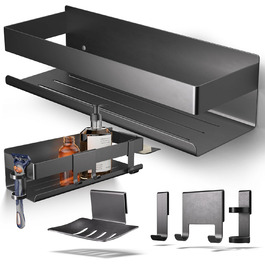 HENAL Shower Shelf Set 5 in 1, Matte Black Stainless Steel Shower Shelf (No Drilling Required), Shower Rack including Razor Holder, Squeegee Holder, Soap Dish & Hook, XXL Bathroom Organizer