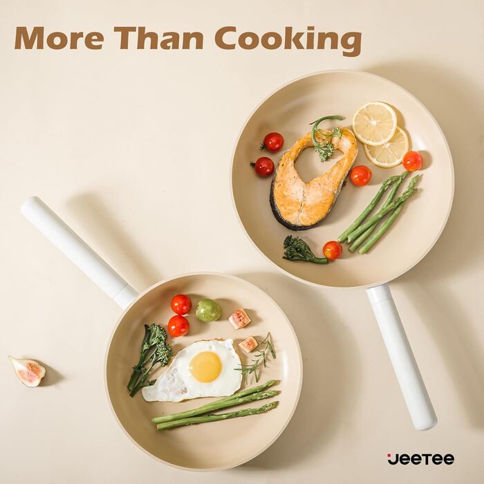 Набір посуду JEETEE 17 предметів з антипригарним покриттям Ceramic, знімні ручки, каструлі 16/20/24 см, сковороди 24/28 см, глибока сковорода 28 см, для всіх типів плит, сумісний з духовкою, бежевий