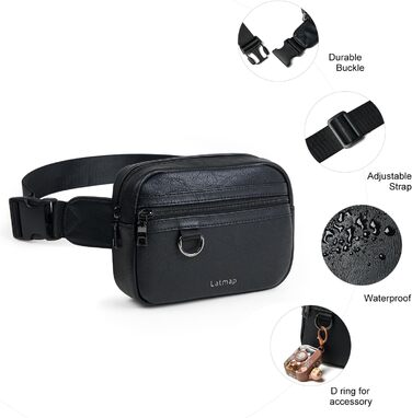 Жіноча сумка на пояс, кросбоді, з PU шкіри, водовідштовхувана, антикрадіжна, 4 відділення, чорна, на блискавці, 19.05 x 15 см, 55 см ремінець, ручне прання