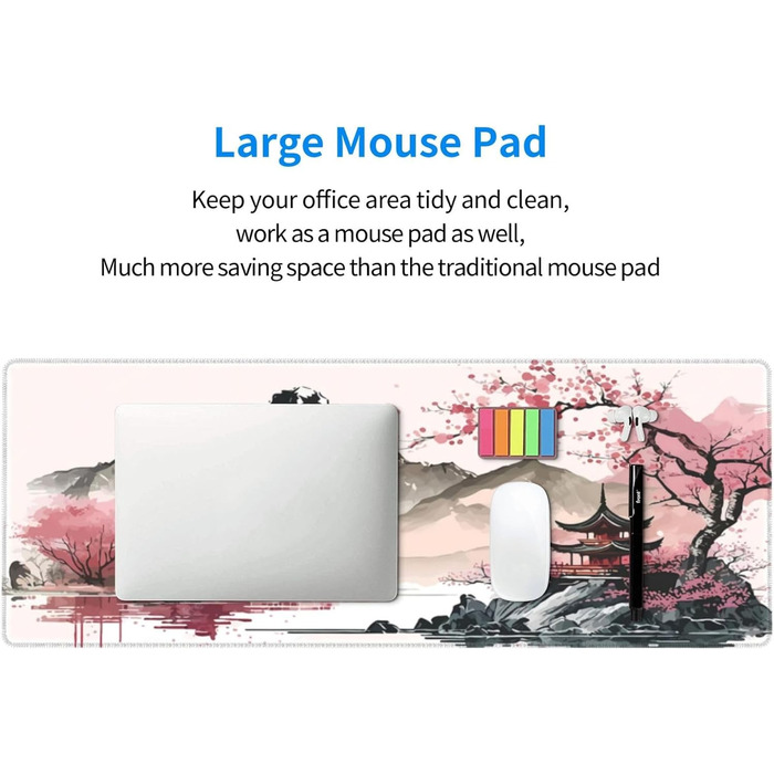 Килимок для миші для геймінгу, чорний, Kanagawa, великий, 80 x 30 см, з гумовою основою, водонепроникний, з прошитими краями, для геймінгу, офісу, дому (Чорна хвиля) (Рожевий)