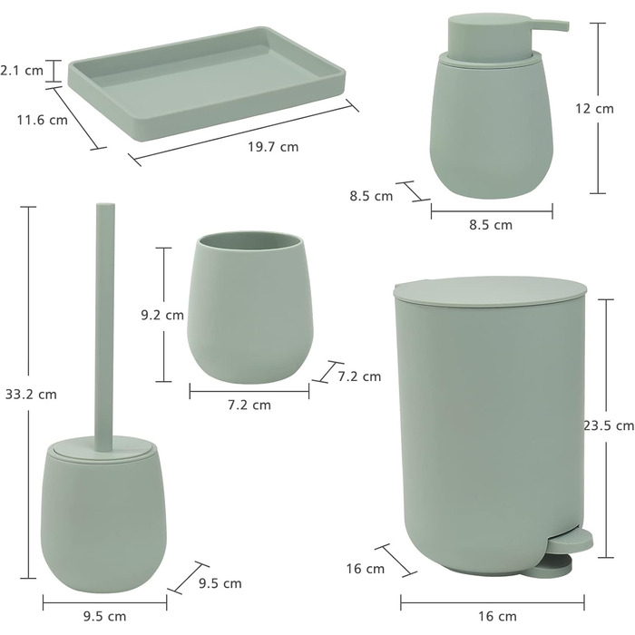 GAHEFY Badset Bathroom Accessories Set, Bathroom Supplies Sets Decor, 5-Piece Bathroom Set - Soap Dispenser, Toothbrush Holder, Vanity Tray, Toilet Brush and Waste Bin Set for Bathroom (Green)