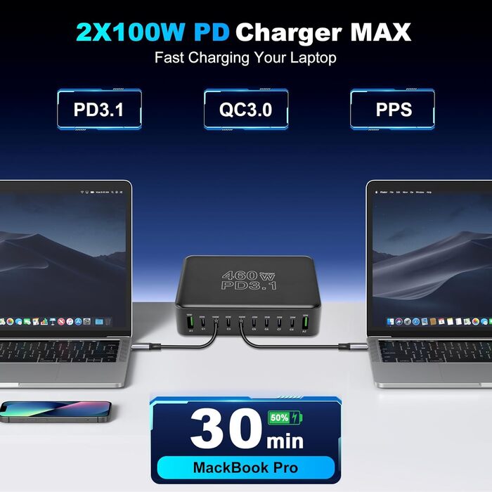 Зарядний пристрій USB-C 460W, 10 портів, PD 3.1 100W/45W/35W/20W для MacBook, iPad, iPhone, HP, Samsung Galaxy та ін. (Сірий)