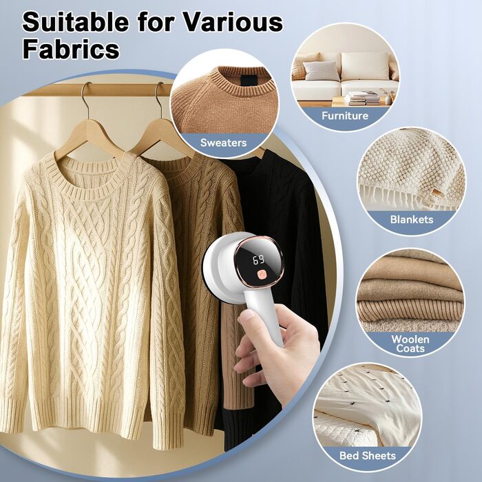 Електричний видалення ворсу з LED-дисплеєм - 6 лез з нержавіючої сталі, 3 швидкості, USB-зарядка. Підходить для одягу, пледів, диванів та постільної білизни (білий)