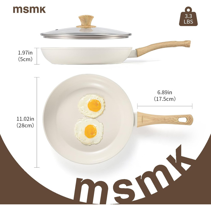 Сковорода керамічна антипригарна MSMK 28 см з кришкою та лопаткою, для газової та індукційної плити, кремова