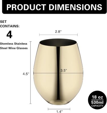 Набір келихів для вина WOTOR Gold, 4 шт, 530 мл, незламні золоті келихи, склянка з нержавіючої сталі, металеві келихи для відпочинку на природі, подорожей, кемпінгу, басейну, ідеальний подарунок для поціновувачів вина