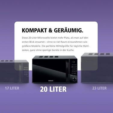 Мікрохвильова піч Brabantia з грилем, 20 літрів, 700W, окремо стояча, 13 автоматичних програм, 6 рівнів потужності, цифровий таймер, великий об'єм, чорна
