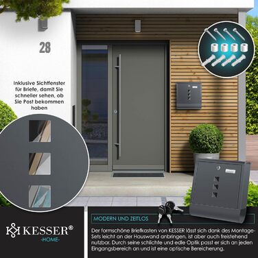 Поштова скринька KESSER® з газетницею та іменним табличкою, нержавіюча сталь, антрацит. Замок на 3 ключі, з віконцем, порошкове покриття, настінний монтаж