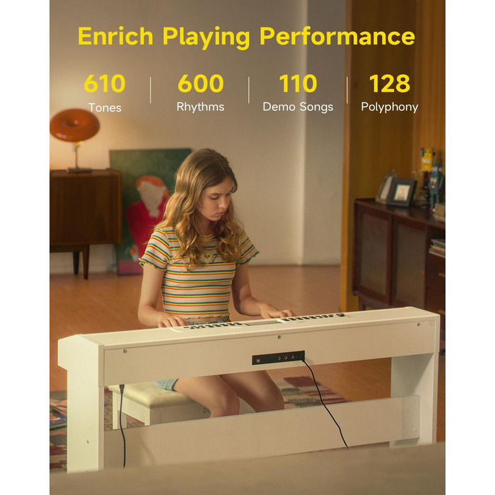 Цифрове піаніно Donner DDP-95 для початківців з 88 важними клавішами, бездротове підключення, LCD дисплей, 610 тембрів, 600 ритмів, 3 навчальні режими, біле
