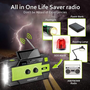 Радіо сонячне аварійне Feegar Oze 2 Pro з ручним заводом, AM/FM, ліхтарик LED, SOS, Powerbank 4000mAh