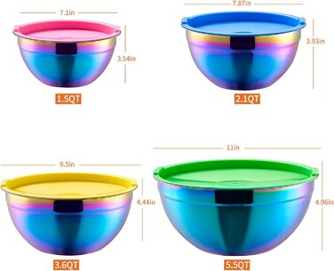 Набір змішувальних мисок Onlycooker Rainbow з кришкою, 18/10 нержавіюча сталь, 4 шт., 1.5, 2.1, 3.6, 5.5 л, для салатів та приготування їжі