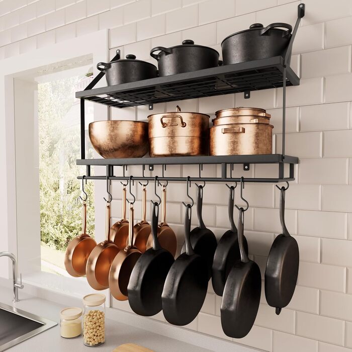 KES Double Kitchen Shelf Pan Holder Kitchen Utensil Holder Kitchen Pan Holder with 12 Hooks Hanging Shelf Pot Wall Shelf 75CM Wall Mounting Matt Black, KUR215S75B-BK