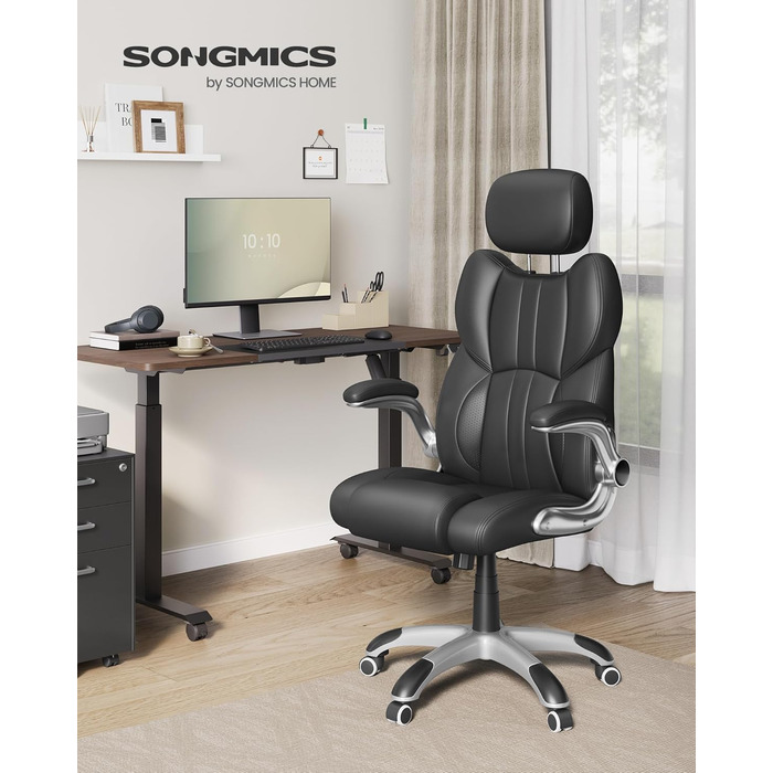 Крісло офісне SONGMICS, геймерське, регульована підголовник, функція гойдання, регульовані підлокітники, чорне, OBG65BK