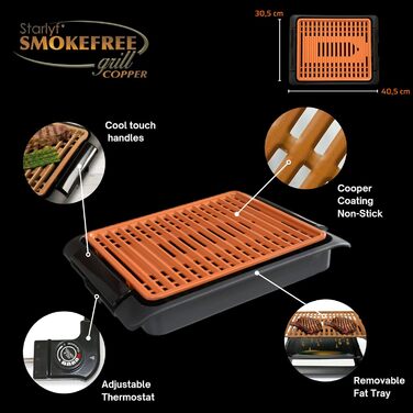 Електричний гриль Starlyf Smokefree 1250 Вт, термостат, знімна чаша, антипригарний, для дому, мідний, миється в посудомийці