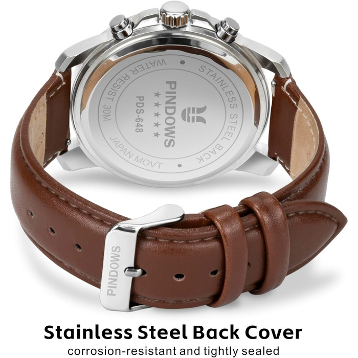 Чоловічий годинник PINDOWS: аналоговий хронограф з кварцовим механізмом, водонепроникний, для бізнесу та відпочинку. Чорний/коричневий ремінець з шкіри, золотий циферблат, сріблястий корпус.