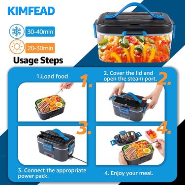 Електрична ланч-бокс Kimfead з індикатором температури, 1.8L, 80W, 12V/24V/230V, з сумкою та столовим прибором, для авто/вантажівки/офісу (синій індикатор температури)