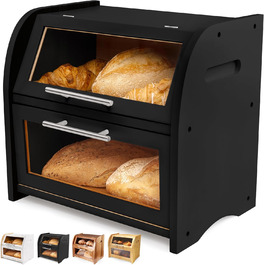 Бак для хліба Arise з вентиляцією, великий контейнер для зберігання хліба, 2 полиці та вікно, дерев'яний контейнер для хліба, булочок, хлібосховище. 40 x 26 x 37, бамбук чорного кольору, самостійна збірка