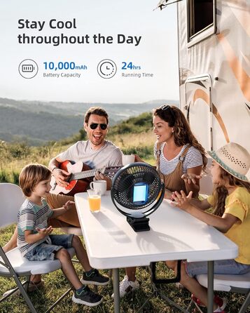 Вентилятор Koonie 10000 mAh з кліпсою, 20 см, портативний, USB, акумулятор, 4 швидкості, 360° оберт, тихий, для дому, офісу, дитячої коляски, кемпінгу, гроу-тенту, чорний