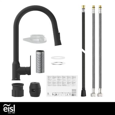 Кран кухонний гнучкий EISL Flexo з нержавіючої сталі/чорний, 360° обертання, високий вилив, Soft-Touch шланг, 2 функції, NI186FLNIB