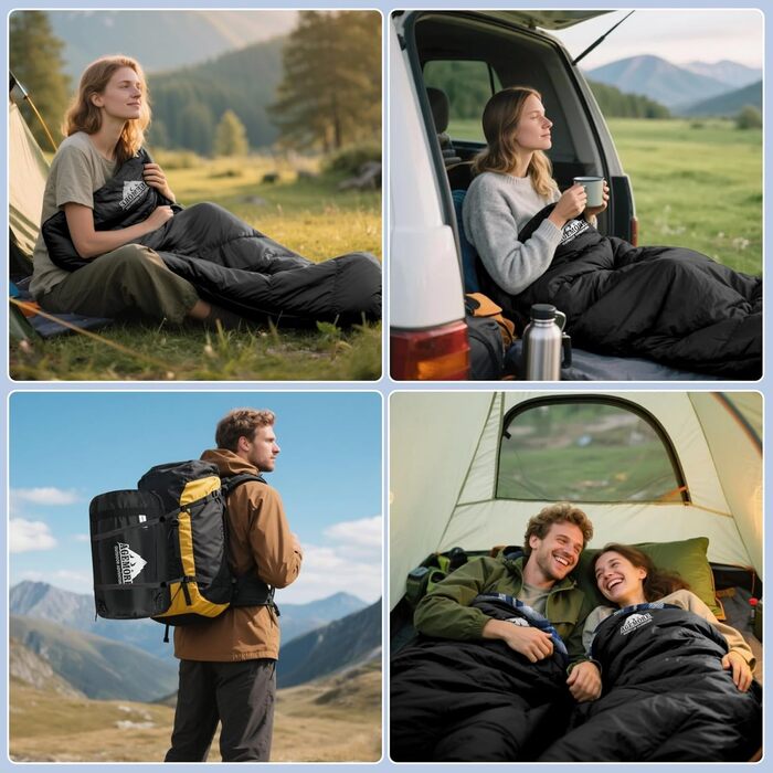 Спальний мішок Baumwoll-Flanell для дорослих: легкий, водонепроникний, 100% бавовна. Ідеально для кемпінгу, подорожей та відпочинку на природі (чорний / синій)