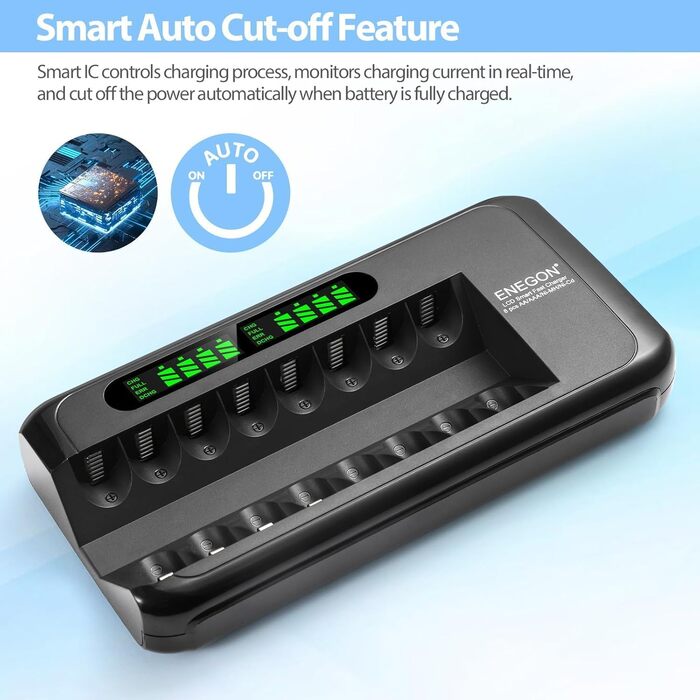 Зарядний пристрій ENEGON для акумуляторів NI-MH/NI-CD з LCD-дисплеєм, 8 слотів, AA/AAA