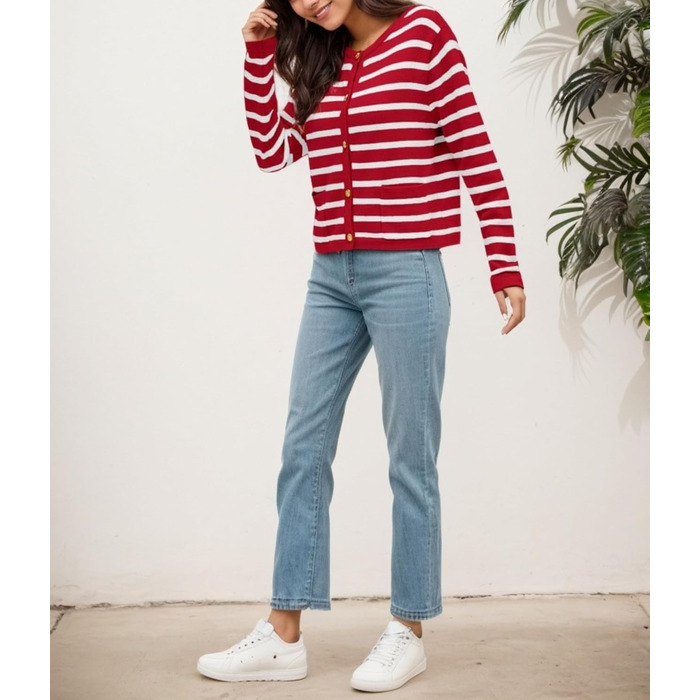 Жакет жіночий короткий з 2 кишенями на ґудзиках, смугастий пуловер, стильний осінній кардиган з круглим вирізом, модний в'язаний пуловер (S, Червоний)