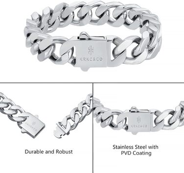 Чоловічий браслет KRKC&CO, кубинський ланцюг, 18 мм, Miami Iced Out, кубинське панцерне з'єднання, 18-каратне золото, міцний, Urban Streetwear, браслет у стилі хіп-хоп для чоловіків (срібний, 14 мм, 22.9 см)