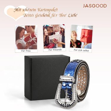 Жіночий шкіряний ремінь JasGood з камінням, стиль вестерн, ковбойський, з заклепками для джинсів та штанів (Синій, 105 см, підходить для розміру 66-80 см)