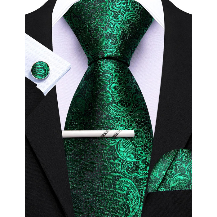 Набір краваток Barry.Wang з шовковим візерунком пейслі: краватка, кишеньковий хустинка, затискач для краватки (3 шт., зелений пейслі)