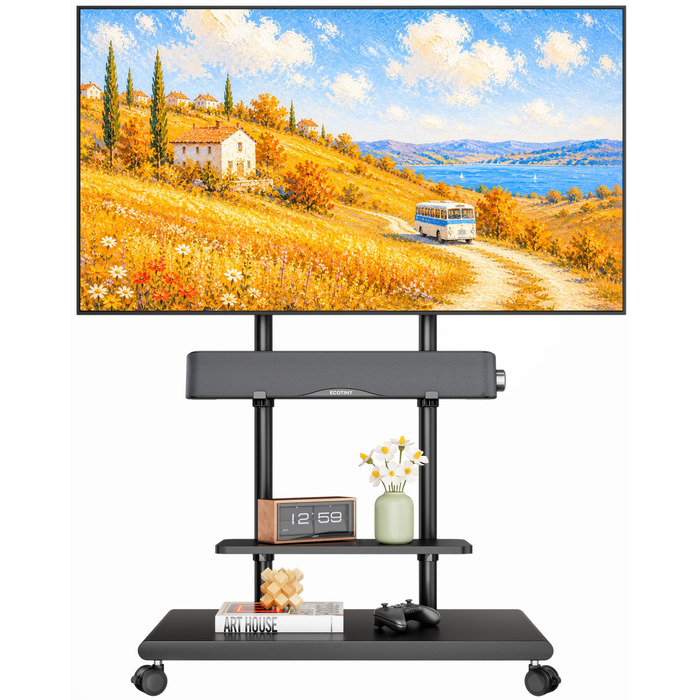 Мобільна стійка для телевізора на колесах з тримачем для саундбара, для ТВ 50-90 дюймів, до 70 кг