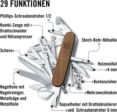 Нож Victorinox Swiss Champ Wood (29 функцій) з деревом, з пилкою та ножицями