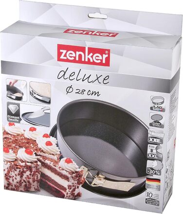 Zenker Springform Ø 28 cm DELUXE, Spring pan with enamel-sealed flat bottom and steel drip guard, round cake pan with extra-high rim (Color: Metallic Black), Quantity: 1 piece
