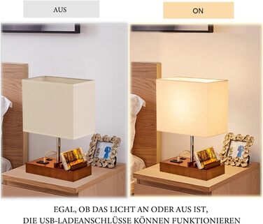 Настільна лампа Dreamholder з 3 USB-портами (A+C), підставкою для телефону, для спальні, вітальні, офісу, з натуральним дерев'яним цоколем та тканинним абажуром (цоколь з горіхового дерева)
