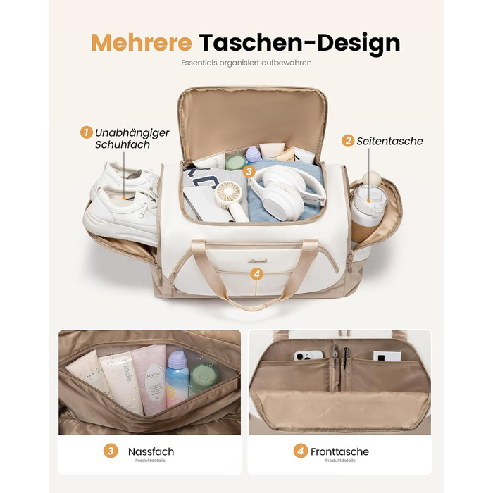 Спортивна сумка LOVEVOOK для жінок, 30L: дорожня сумка з відділенням для взуття та мокрих речей, невелика сумка для залу, плавання, сауни, ручної поклажі для спорту, фітнесу, тренувань та подорожей, водонепроникна, B-beige, Aprikose, 45x24x28cm (30L)
