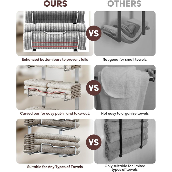 Настінний тримач для рушників у ванну кімнату, без свердління, 6-ярусна наддверна полиця для рушників, багаторівневий тримач для рушників на двері, для компактних ванних кімнат (срібний, 8 ярусів)