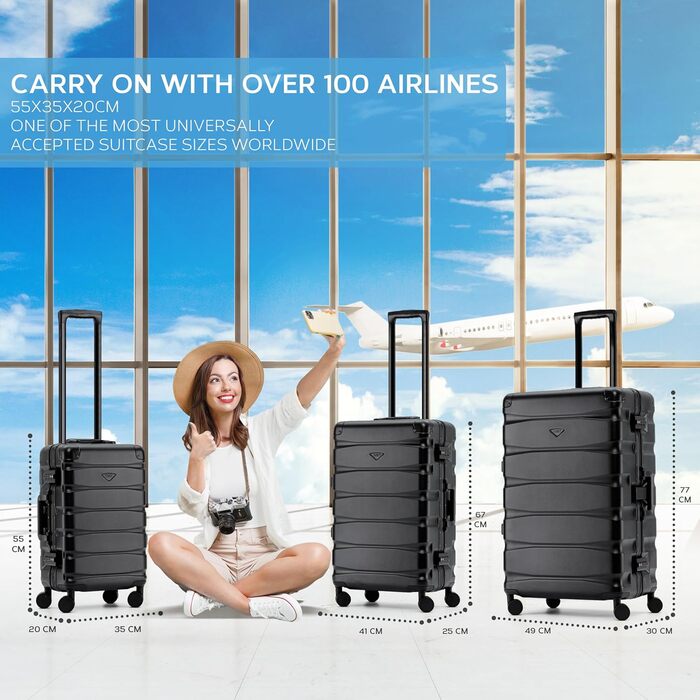 Чемодан Flight Knight Premium з 8 обертовими колесами, алюмінієва рама, ABS корпус, захист від викрадення, підходить для ручної поклажі та великого багажу (55x35x20cm + 31