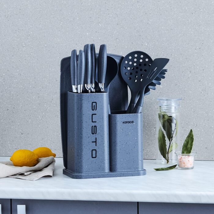Набір ножів Karaca Gusto 12 предметів з обробною дошкою та кухонними аксесуарами. Ножі з нержавіючої сталі, ергономічні ручки. Кухонний набір, чорний (сірий)