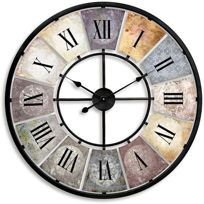Large Vintage Wall Clock Living Room, No Ticking Sound, Modern XXL Wall Clocks, Roman Numerals, Retro Decor (Metal, Ø 50cm Diameter, Antique, Colorful)