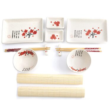 Традиційний японський набір для суші: тарілки, палички та підтарілки на 2 особи. З порцеляни, з візерунком квітки сакури. Ідеальний японський подарунок.