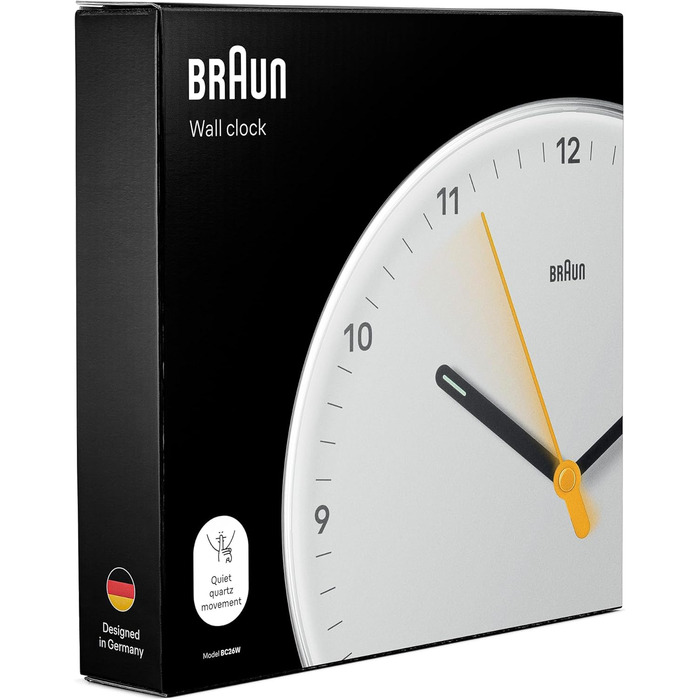Braun Classic Analog Wall Clock with Silent Quartz Movement, Easy to Read, 23 cm Diameter in White, Model BC26W.