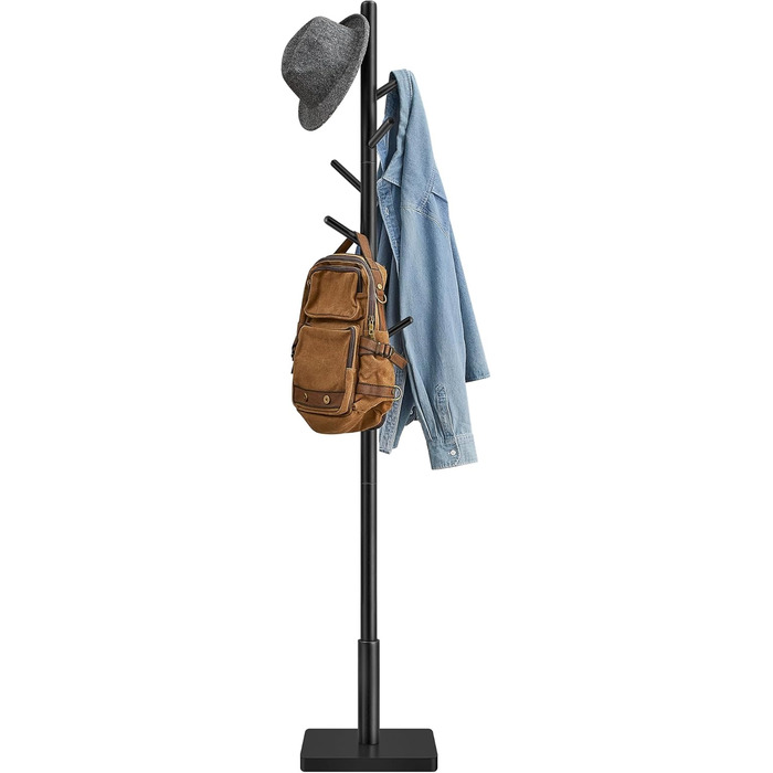 VASAGLE Coat Rack, Clothes Rack Solid Wood, Tree Shape Jacket Stand, 8 Hooks for Jackets, Hats, for Entryway, Hooks and Holding Rod made of Rubberwood, Cloud White RCR00W02 (Ink Black, 1)