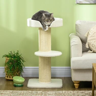 PawHut Cat Tree Small 91 cm Cat Tree with Cat Bed, Cat Scratching Post Activity Tree Scratching Post with Platform for Cats up to 5 kg Sisal Lambswool (Cream White)