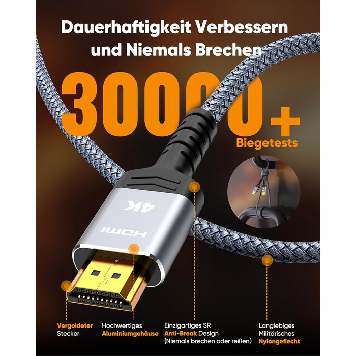 HDMI кабель SNOWKIDS 4K 2 метри: Nylon, Ethernet, Audio, Золочені коннектори, сумісний з HDTV, Laptop, Blu-ray, Soundbar, Monitor, PS-5, X-box