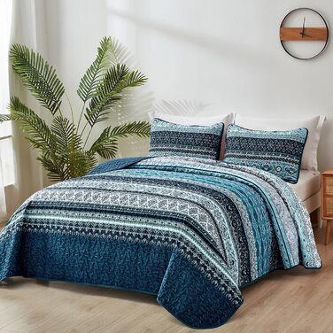 WONGS BEDDING Bedspread 220x240 Bed Cover Bohemian Quilt Steppdecke 3-Piece Double Bed Quilted Bedspread Microfiber Throw Blanket with 2 Pillowcases 50x70 for Bedroom as Sofa Cover (Bohemian) (200x220 cm, Dark Blue)