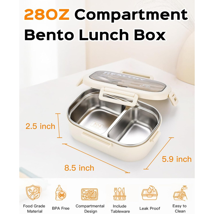 Ланчбокс Lille Home з нержавіючої сталі з 2 відділеннями, 850 мл, витокозахисний, з сумкою та столовим прибором, BPA-free (Бежевий)