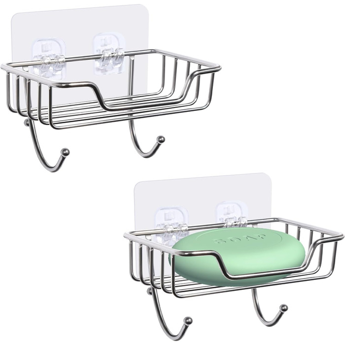 Тримач для мила без свердління Uten, нержавіюча сталь, самоклеючий, з 2 гачками, для душу, ванної, кухні (сріблястий, 2 шт.)