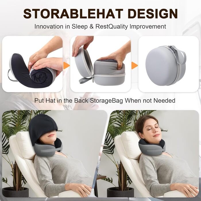 Подушка для шиї у літак з капюшоном, Memory Foam, сіра. Подушка для подорожей, авто, дорослих. З навушниками.