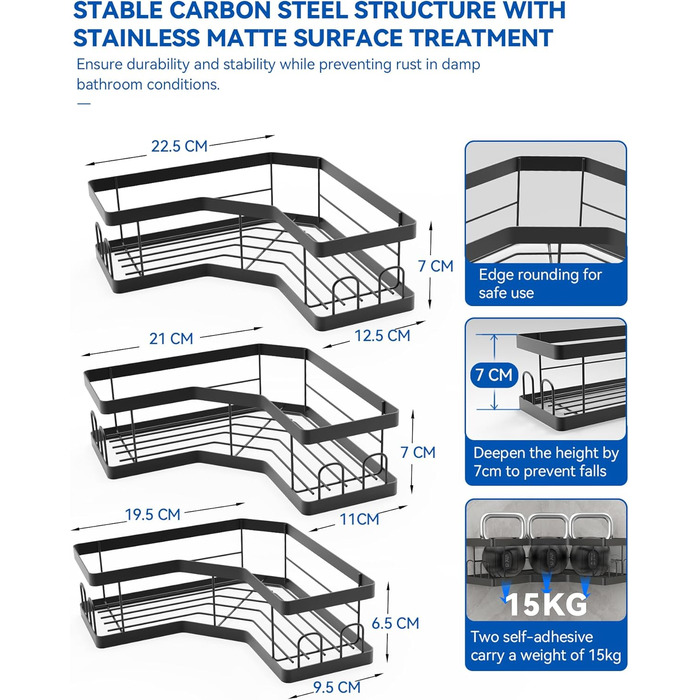 Набір з 3 полиць для душу без свердління, чорний колір, з нержавіючої сталі, для шампуню та інших аксесуарів, вологостійкий, аксесуари для ванної кімнати