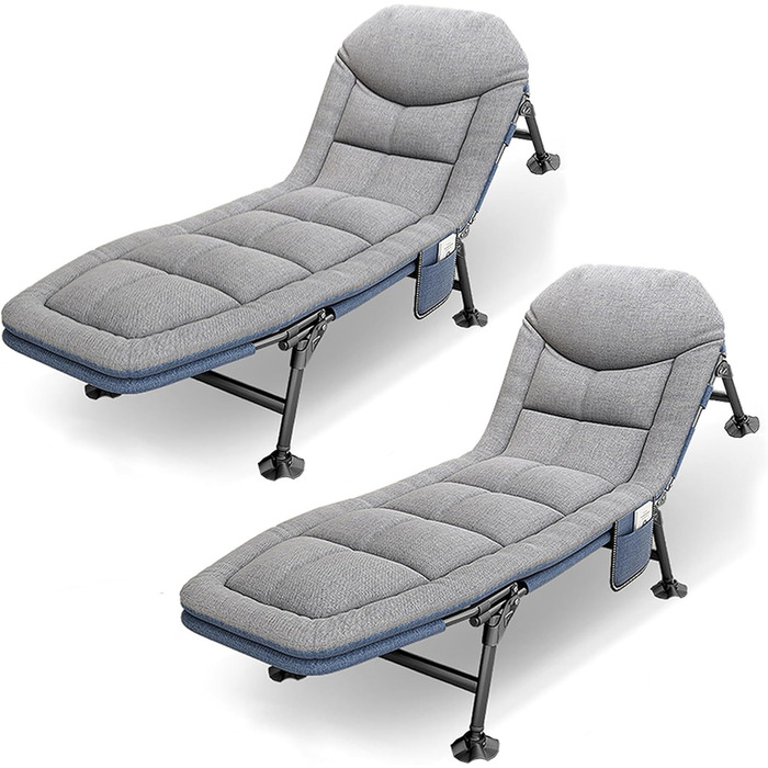 Розкладне ліжко-крісло для кемпінгу з матрацом, 6 положень спинки, ліжко для риболовлі, туристичне ліжко XXL, 65x190x30 см, односпальне, для гостей, сіре (2 шт.)