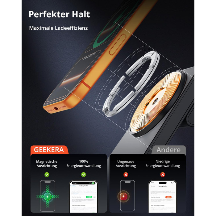 Зарядний пристрій 3-в-1 GEEKERA MagSafe для Apple Watch, iPhone (12-17) та AirPods, індуктивне зарядне, чорний матовий