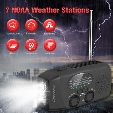 Радіо NOAA iRonsnow 5000 mAh: радіо для надзвичайних ситуацій, FM/AM, з ручним заводом, сонячне, з SOS, ліхтарик 1W LED, зарядка для телефону, чорне